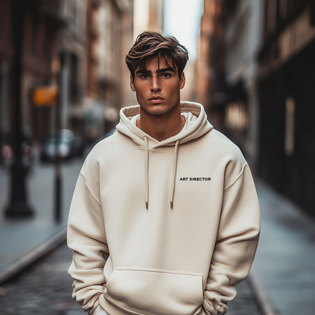 Man i beige ART DIRECTOR-hoodie på stadsgata